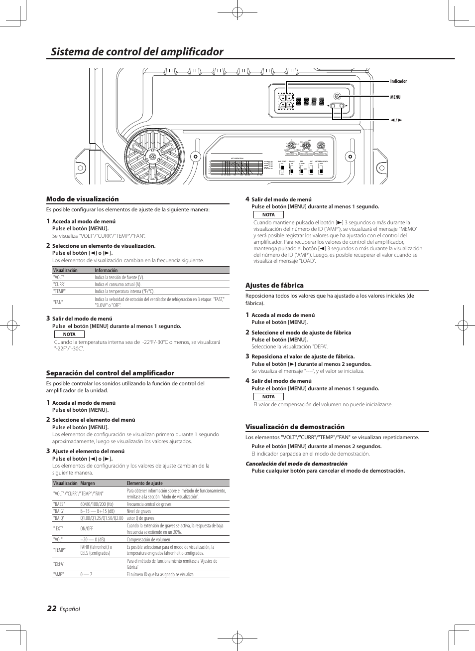 Sistema de control del amplificador, Modo de visualización, Separación del control del amplificador | Ajustes de fábrica, Visualización de demostración, Español | Kenwood eXcelon KAC-X811D User Manual | Page 22 / 28