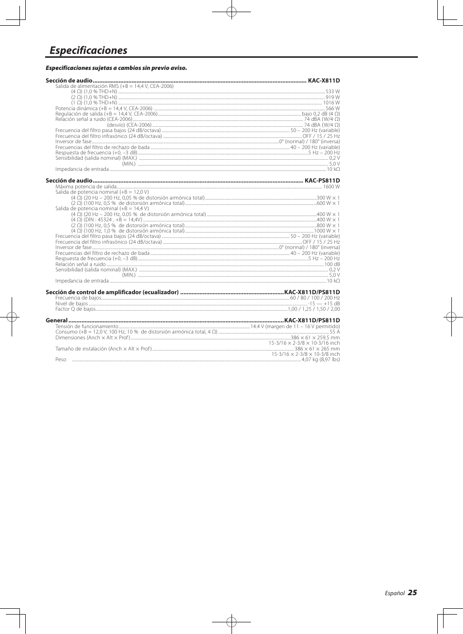 Especificaciones | Kenwood eXcelon KAC-X811D User Manual | Page 25 / 28