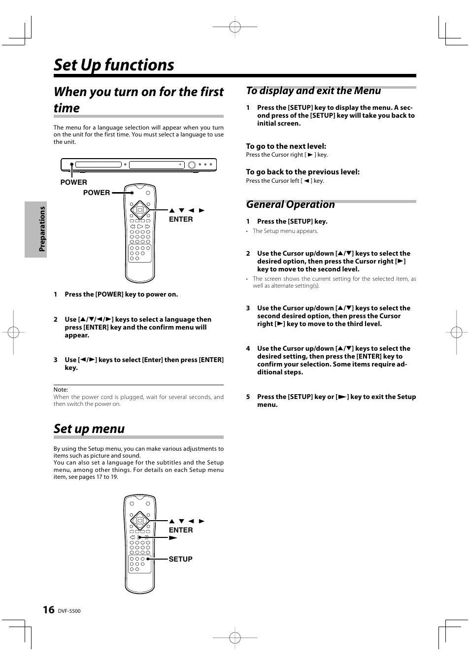 Set up functions, When you turn on for the first time, Set up menu | General operation | Kenwood DVF-5500 User Manual | Page 16 / 36