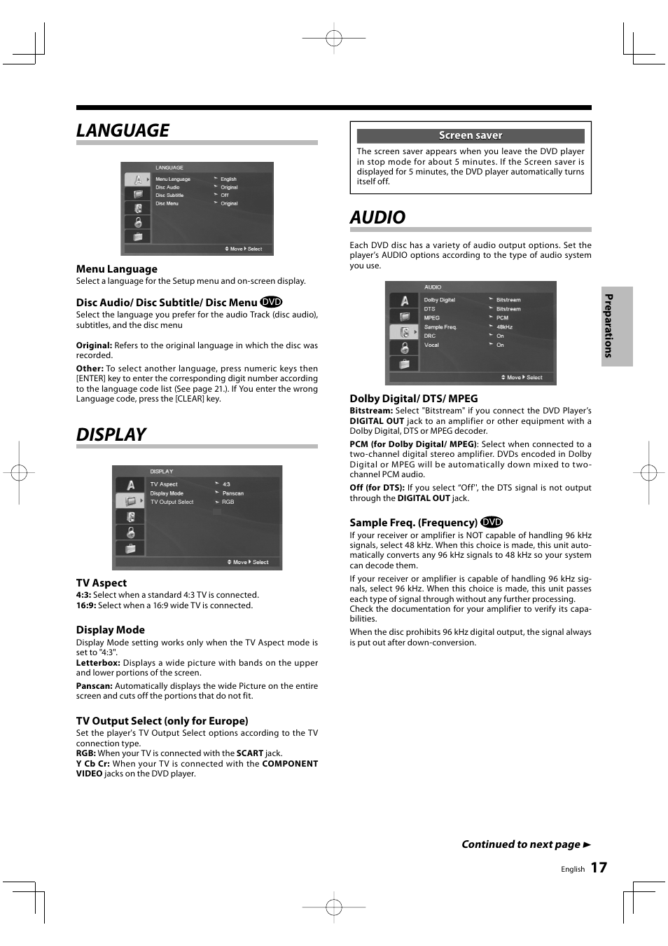 Language, Display, Audio | Kenwood DVF-5500 User Manual | Page 17 / 36