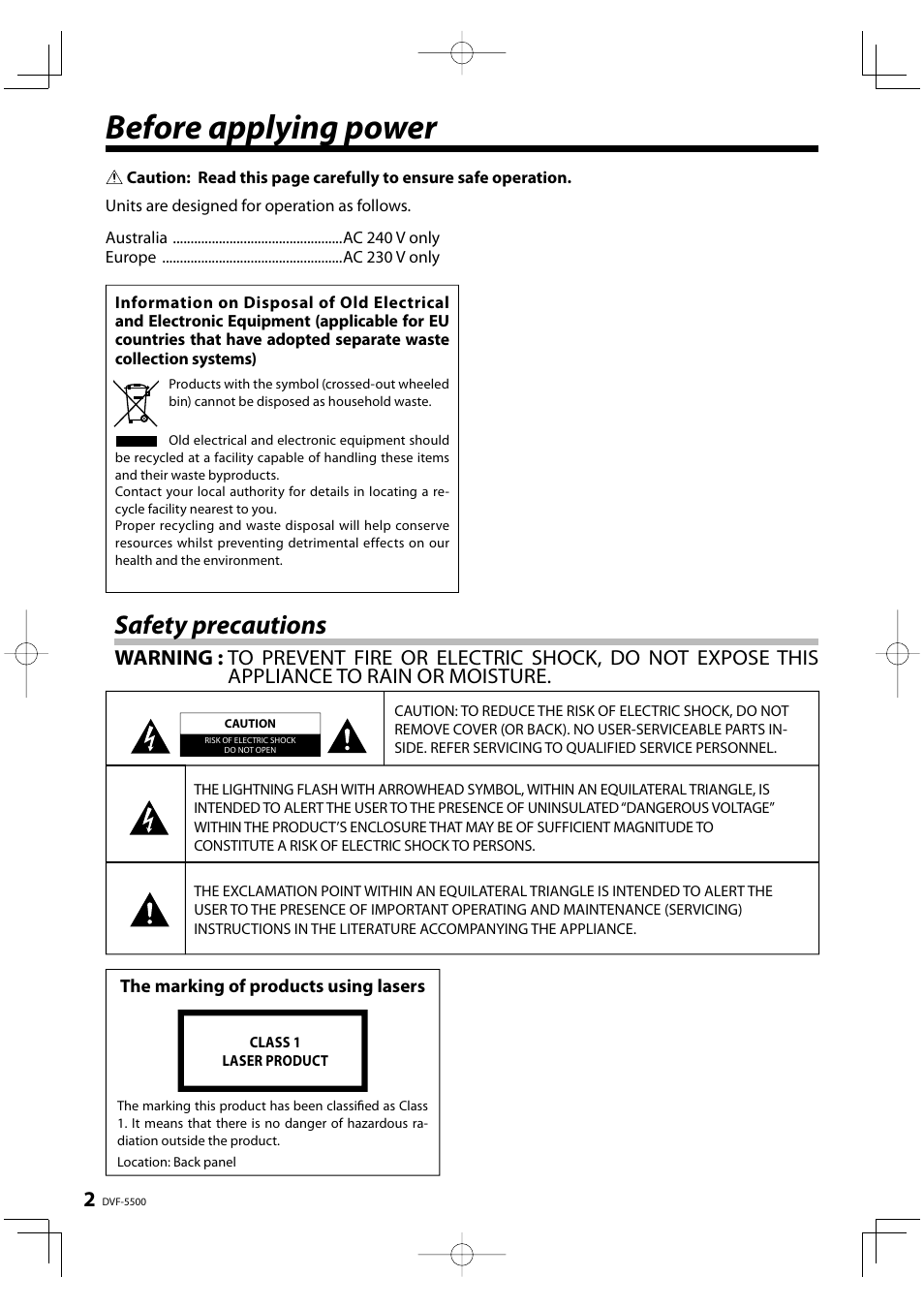 Before applying power, Safety precautions | Kenwood DVF-5500 User Manual | Page 2 / 36