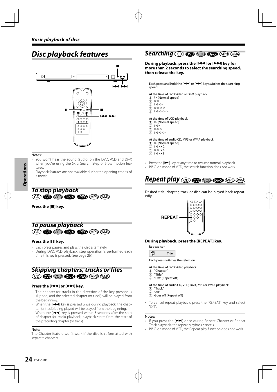 Disc playback features, Repeat play, Skipping chapters, tracks or files | Searching | Kenwood DVF-5500 User Manual | Page 24 / 36