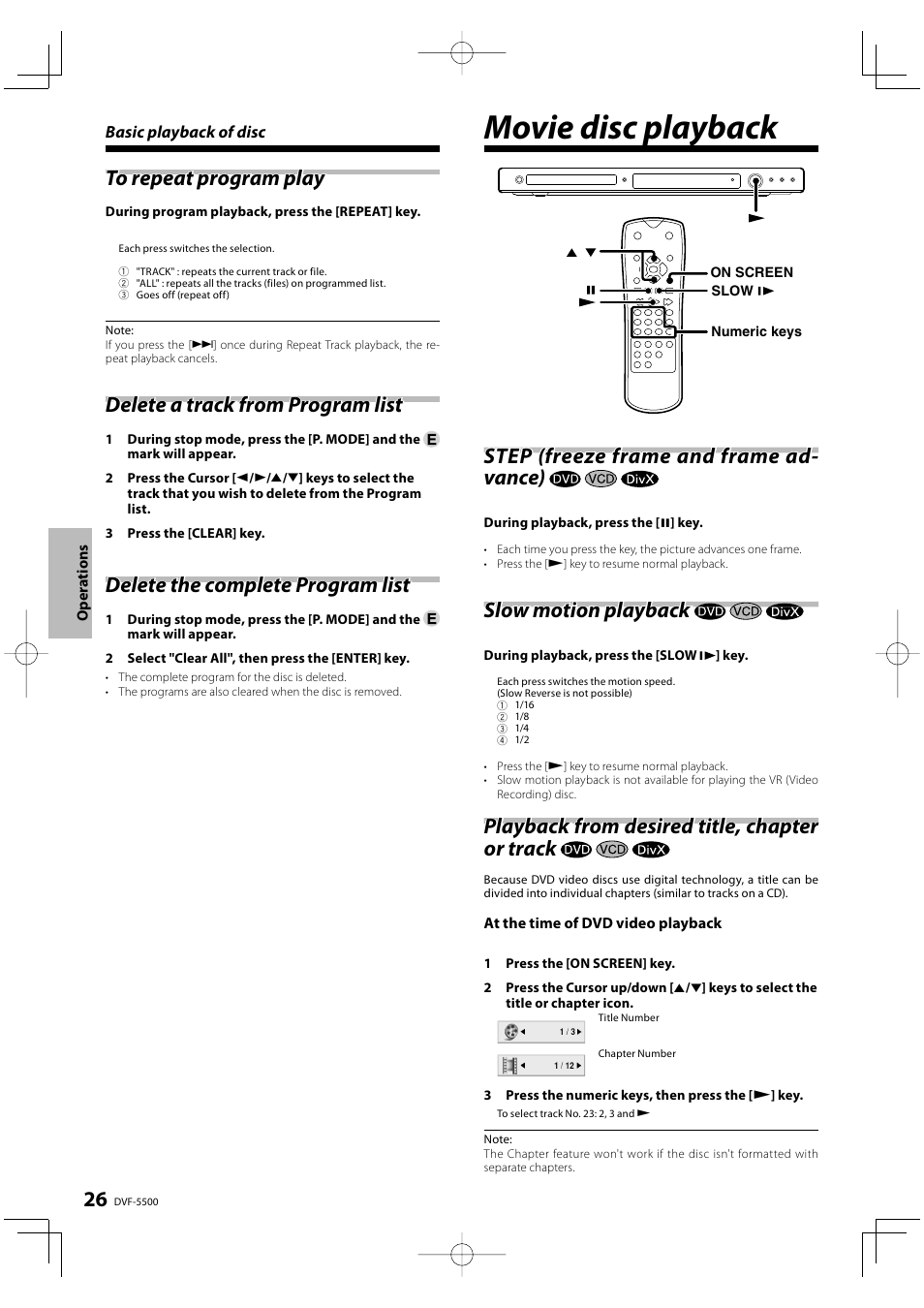 Movie disc playback, Delete a track from program list, Delete the complete program list | Step (freeze frame and frame ad- vance), Slow motion playback, Playback from desired title, chapter or track | Kenwood DVF-5500 User Manual | Page 26 / 36