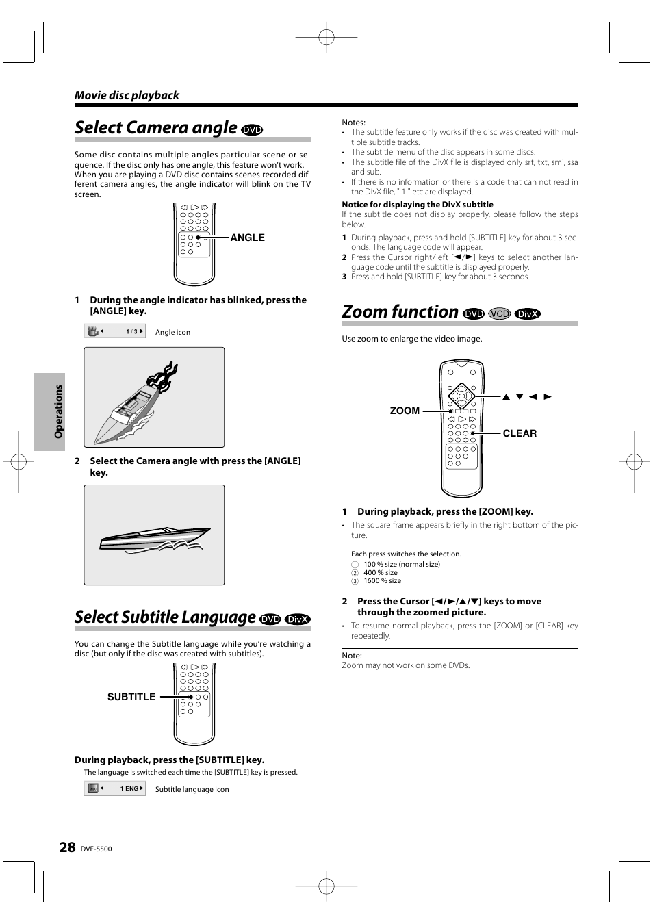 Select camera angle, Select subtitle language, Zoom function | Kenwood DVF-5500 User Manual | Page 28 / 36