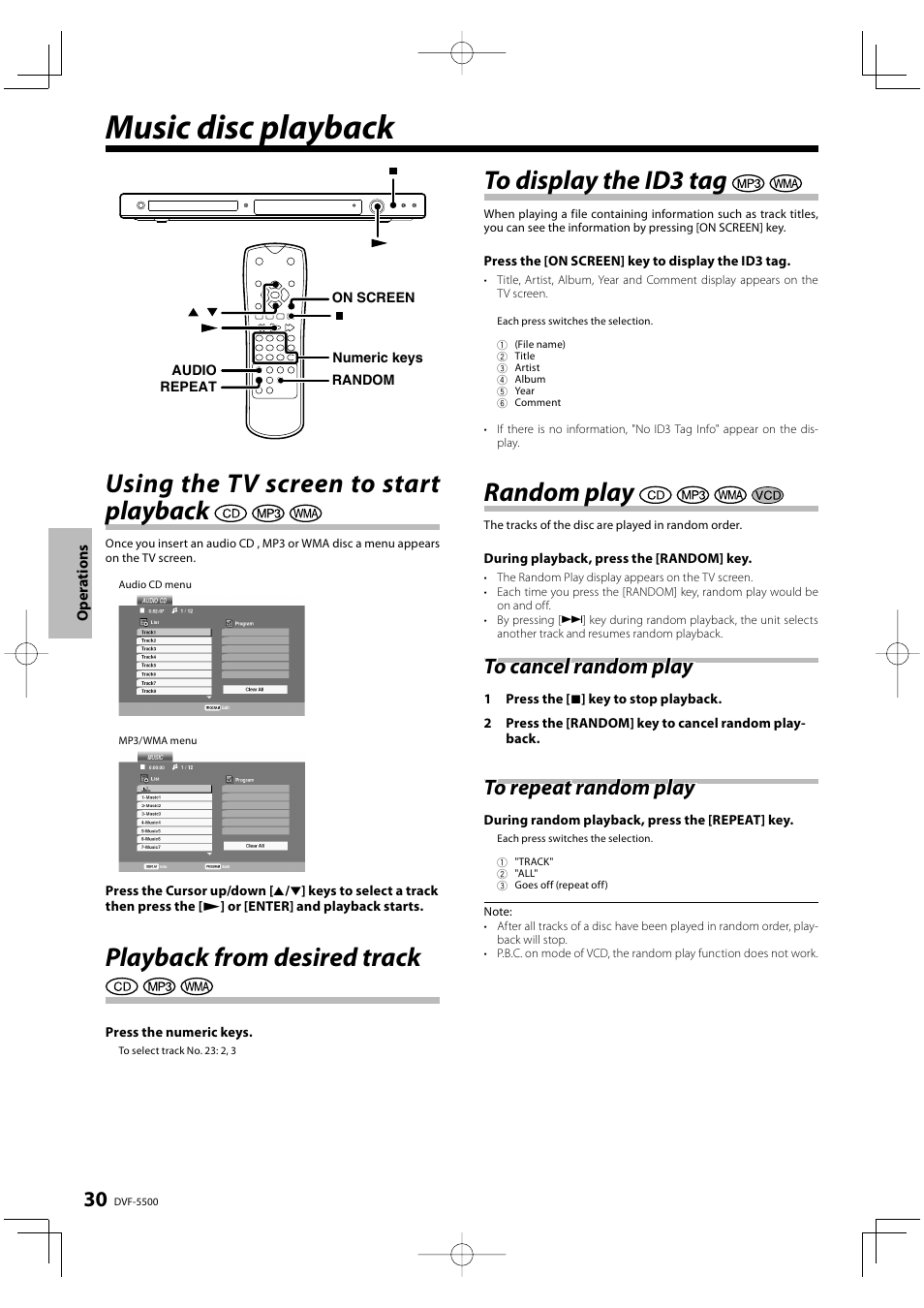 Music disc playback, Using the tv screen to start playback, Playback from desired track | Random play | Kenwood DVF-5500 User Manual | Page 30 / 36