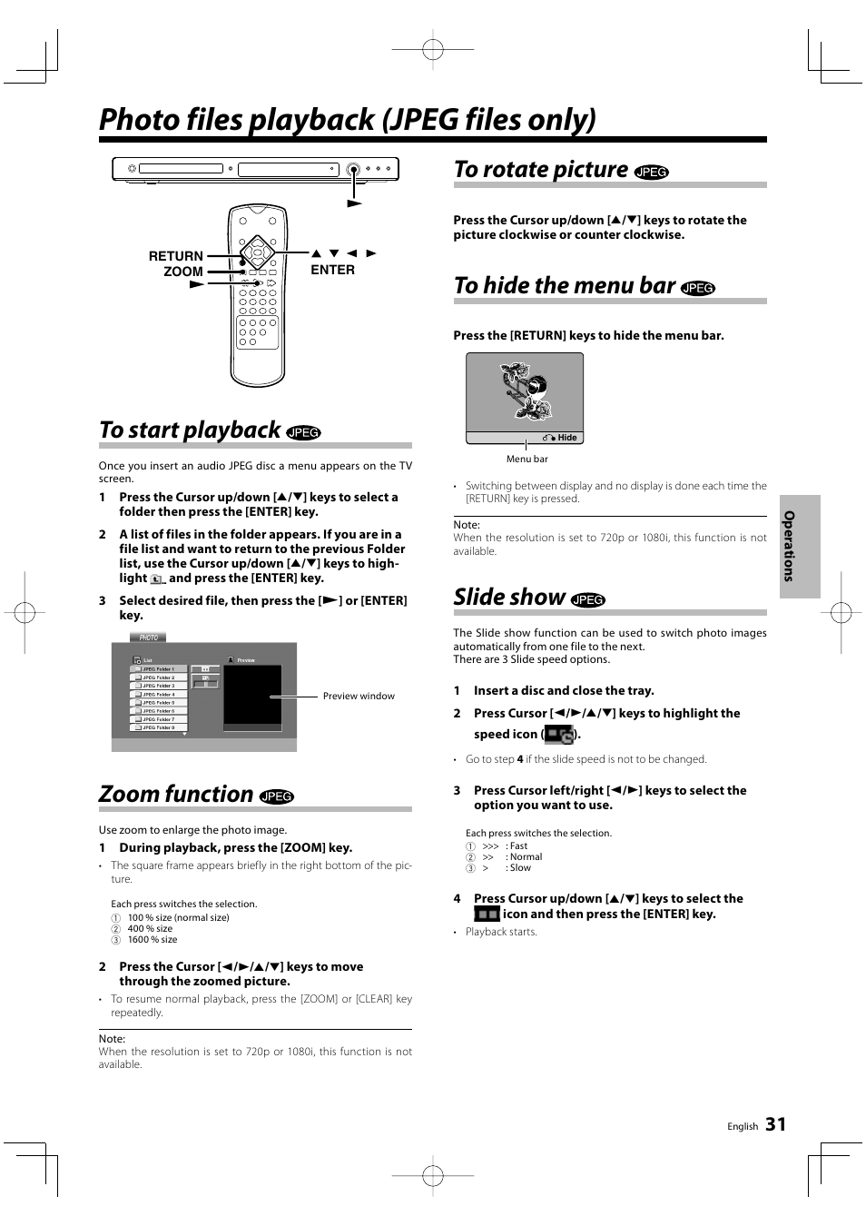 Photo files playback (jpeg files only), Zoom function, Slide show | Kenwood DVF-5500 User Manual | Page 31 / 36