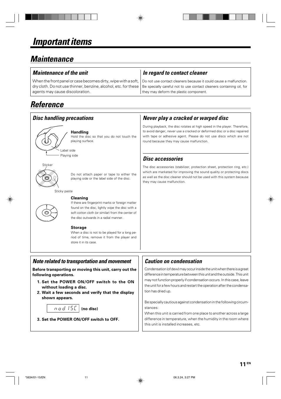 Important items, Maintenance reference, Disc handling precautions disc accessories | Never play a cracked or warped disc, Caution on condensation, Maintenance of the unit | Kenwood DVF-3300 User Manual | Page 11 / 36