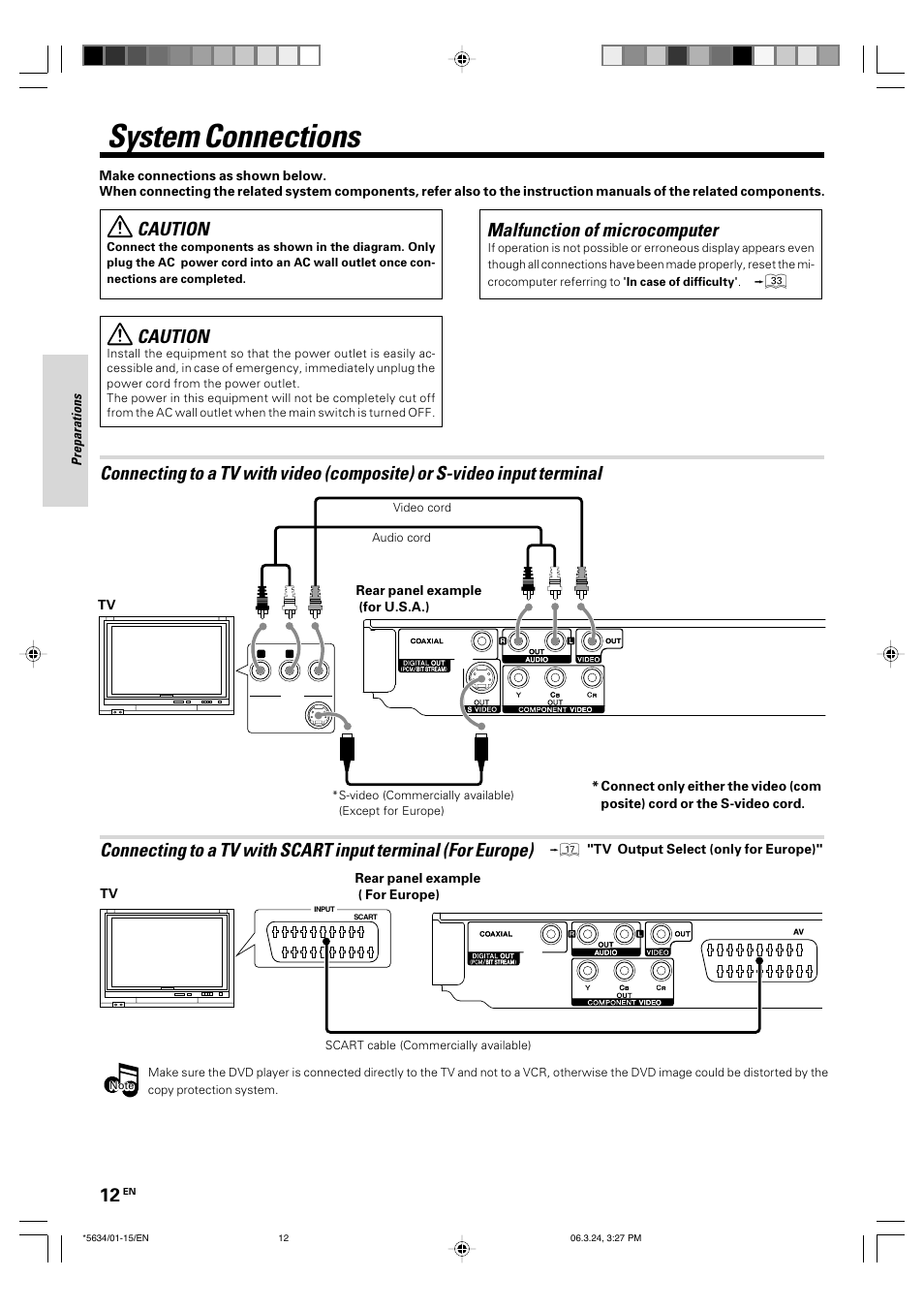 System connections, Malfunction of microcomputer, Caution | Kenwood DVF-3300 User Manual | Page 12 / 36