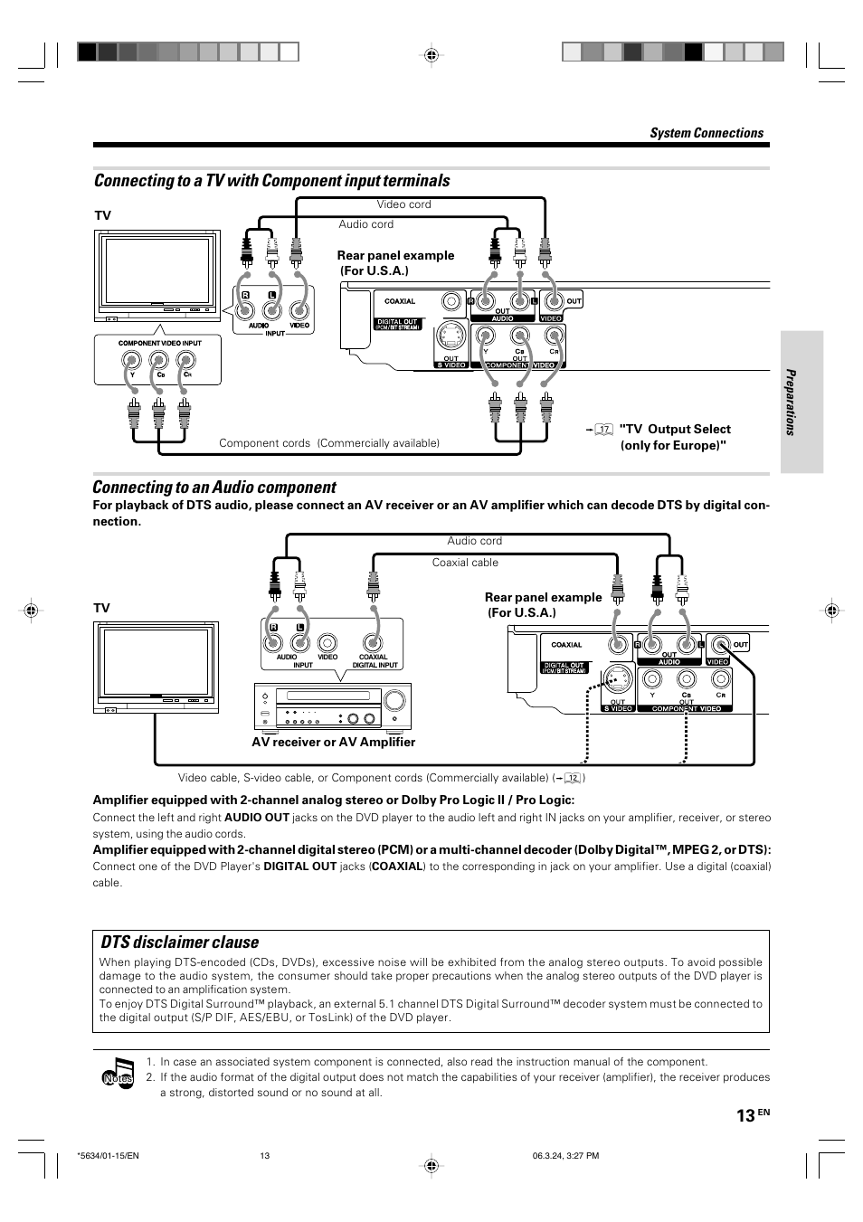 Connecting to an audio component, Connecting to a tv with component input terminals, Dts disclaimer clause | Kenwood DVF-3300 User Manual | Page 13 / 36