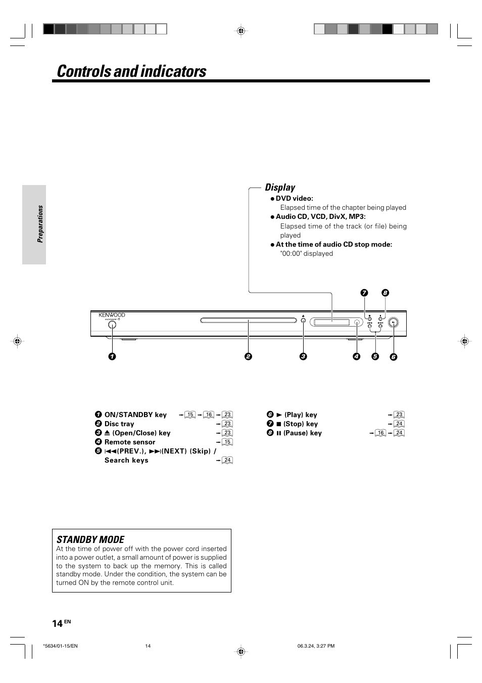 Controls and indicators, Display standby mode | Kenwood DVF-3300 User Manual | Page 14 / 36