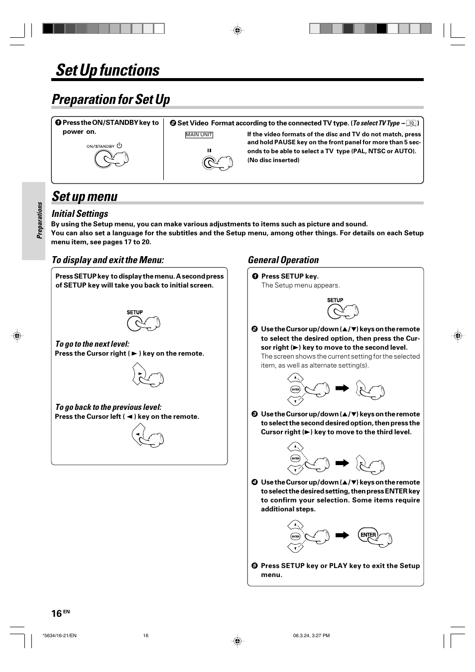 Set up functions, Set up menu, Preparation for set up | Initial settings, General operation | Kenwood DVF-3300 User Manual | Page 16 / 36