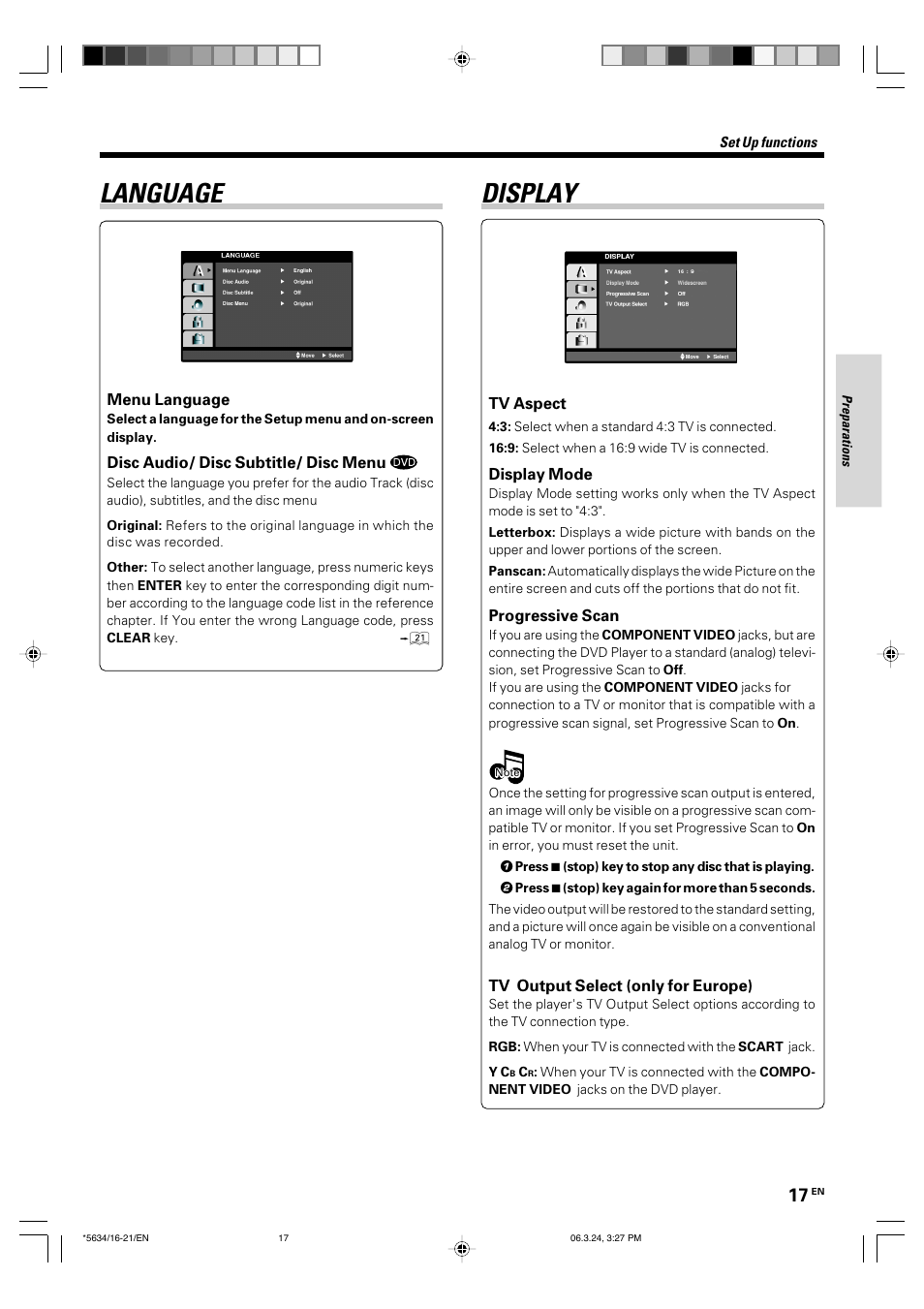 Language, Display | Kenwood DVF-3300 User Manual | Page 17 / 36