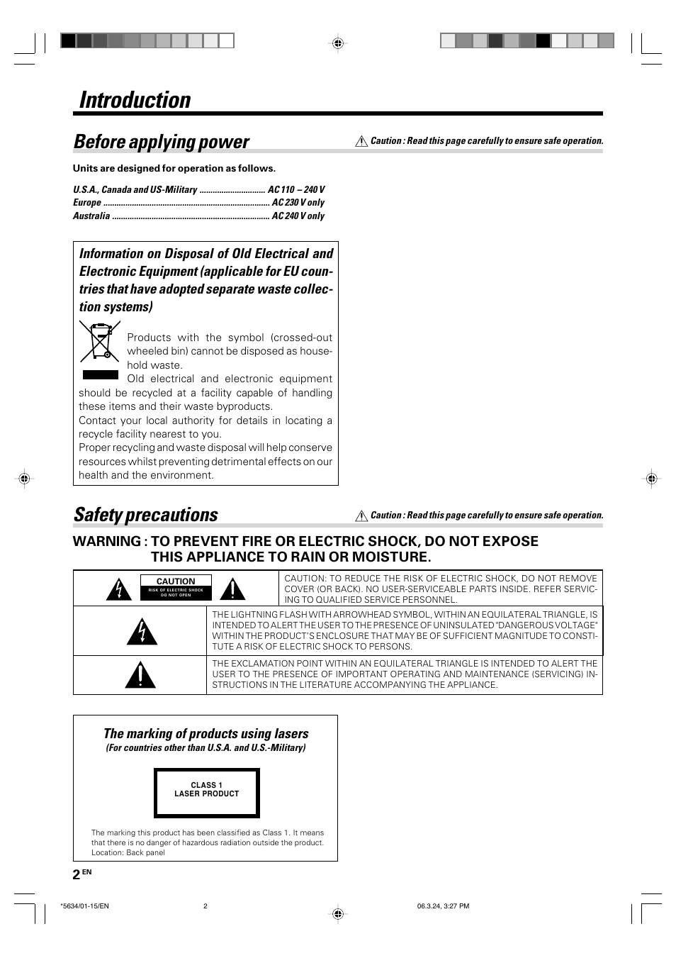 Introduction, Safety precautions, Before applying power | The marking of products using lasers | Kenwood DVF-3300 User Manual | Page 2 / 36