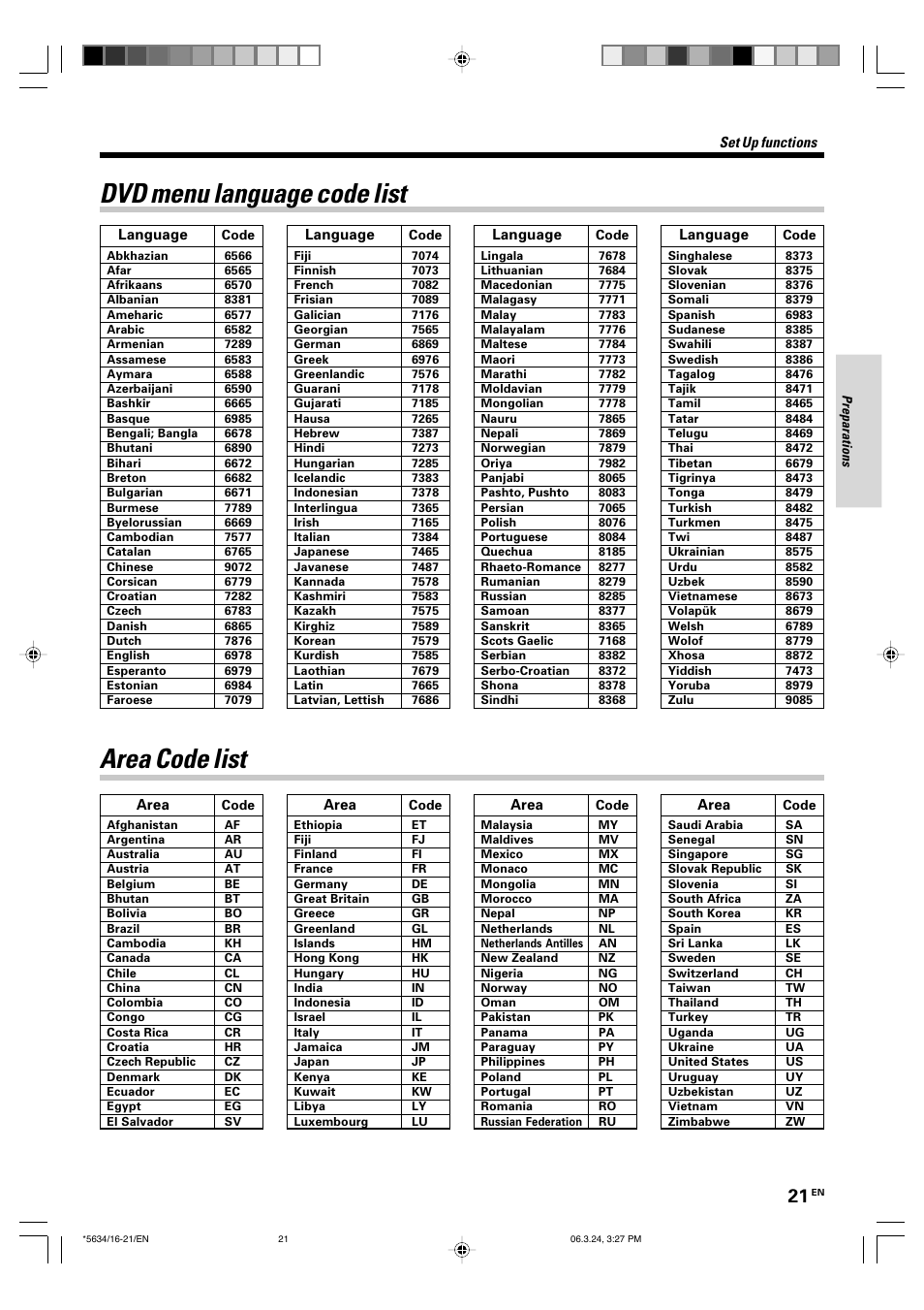 Dvd menu language code list, Area code list | Kenwood DVF-3300 User Manual | Page 21 / 36