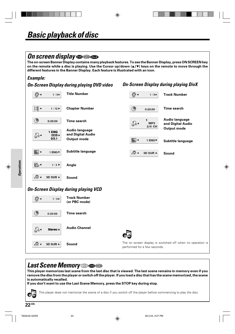 Basic playback of disc, On screen display, On-screen display during playing vcd | On-screen display during playing divx | Kenwood DVF-3300 User Manual | Page 22 / 36