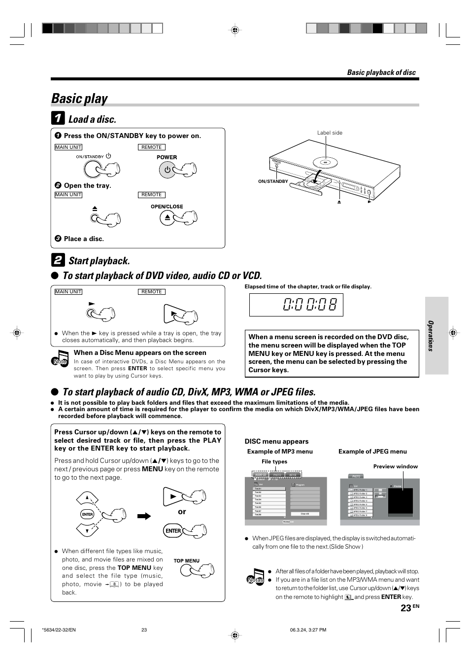 Basic play, Load a disc, Start playback | Kenwood DVF-3300 User Manual | Page 23 / 36