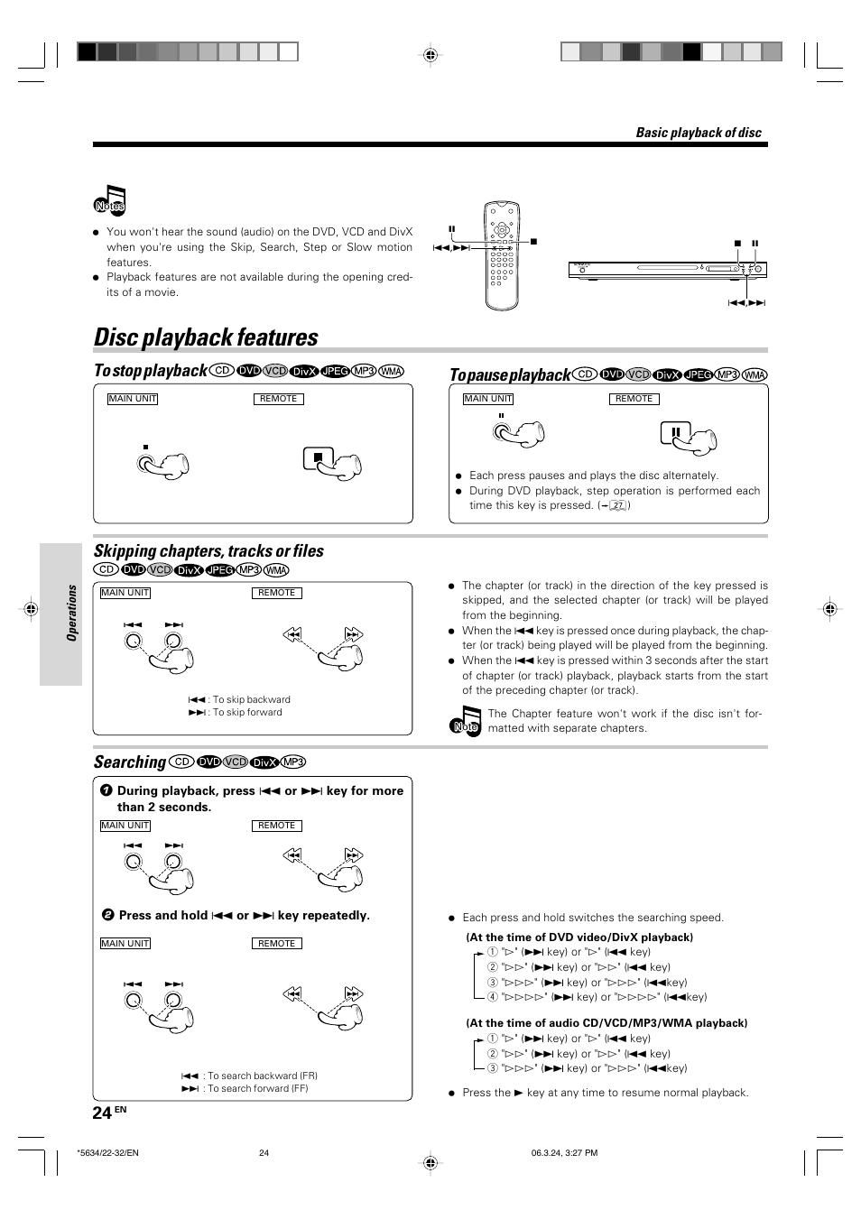 Disc playback features, Skipping chapters, tracks or files, Searching | Kenwood DVF-3300 User Manual | Page 24 / 36