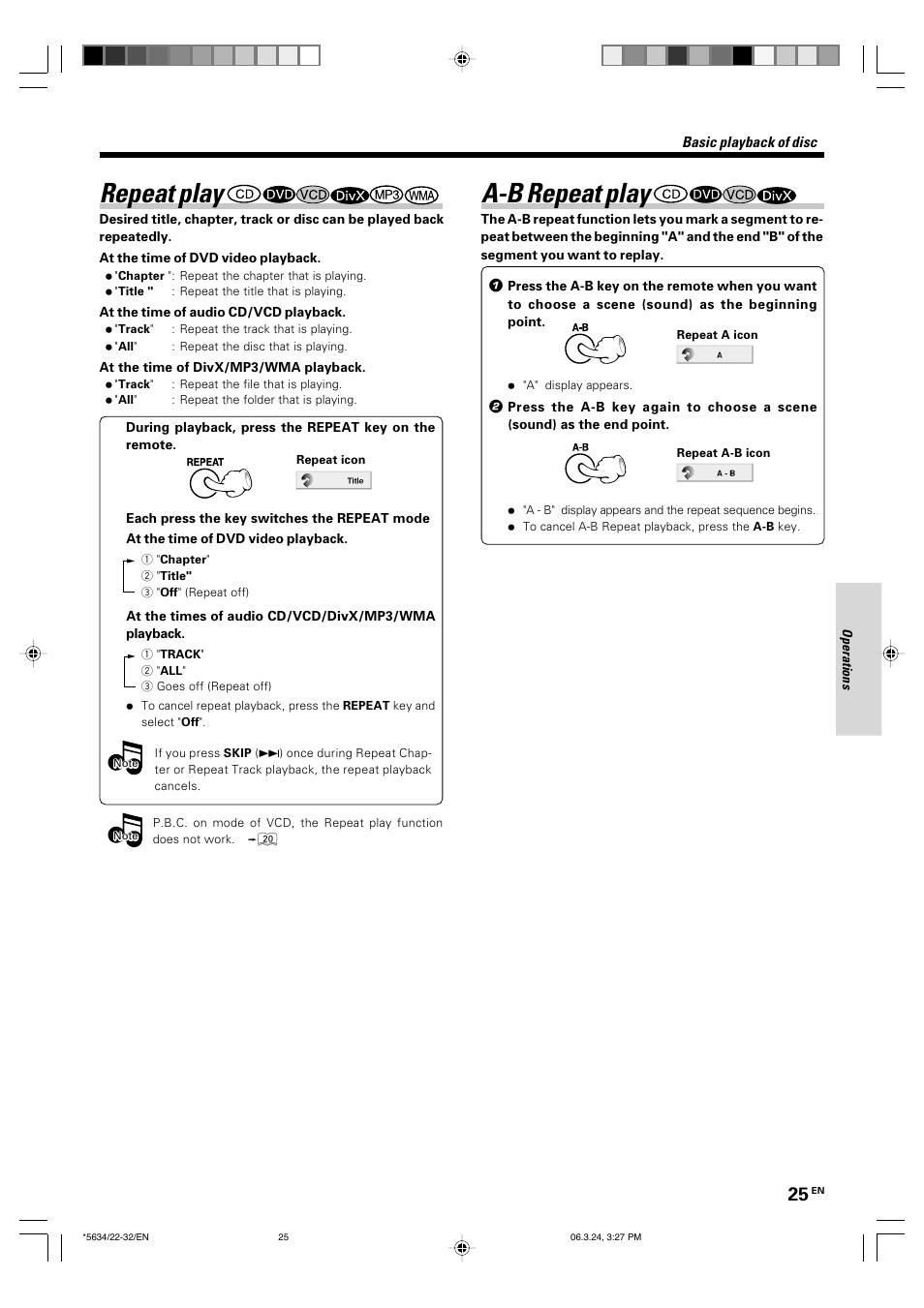 Repeat play, A-b repeat play | Kenwood DVF-3300 User Manual | Page 25 / 36