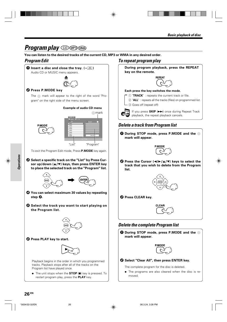 Program play, Program edit, Delete the complete program list | Delete a track from program list | Kenwood DVF-3300 User Manual | Page 26 / 36