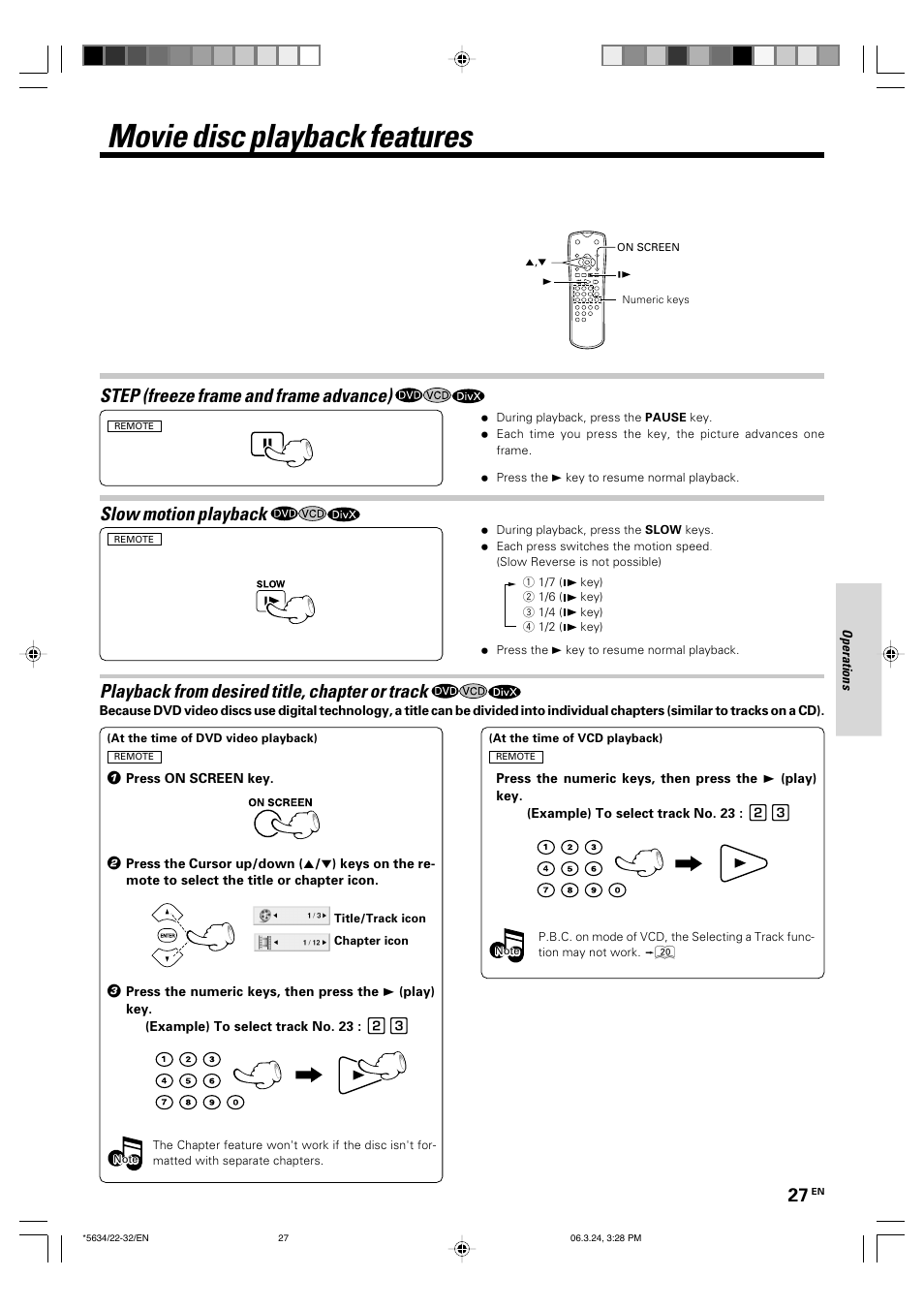 Movie disc playback features, Slow motion playback, Playback from desired title, chapter or track | Step (freeze frame and frame advance) | Kenwood DVF-3300 User Manual | Page 27 / 36