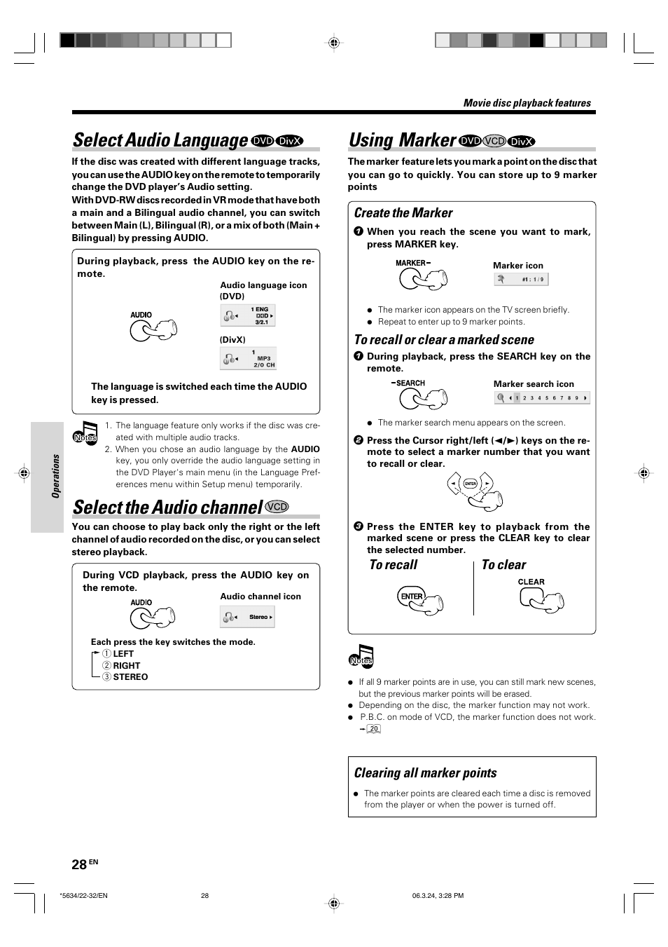 Select audio language, Select the audio channel, Using marker | Create the marker, Clearing all marker points | Kenwood DVF-3300 User Manual | Page 28 / 36