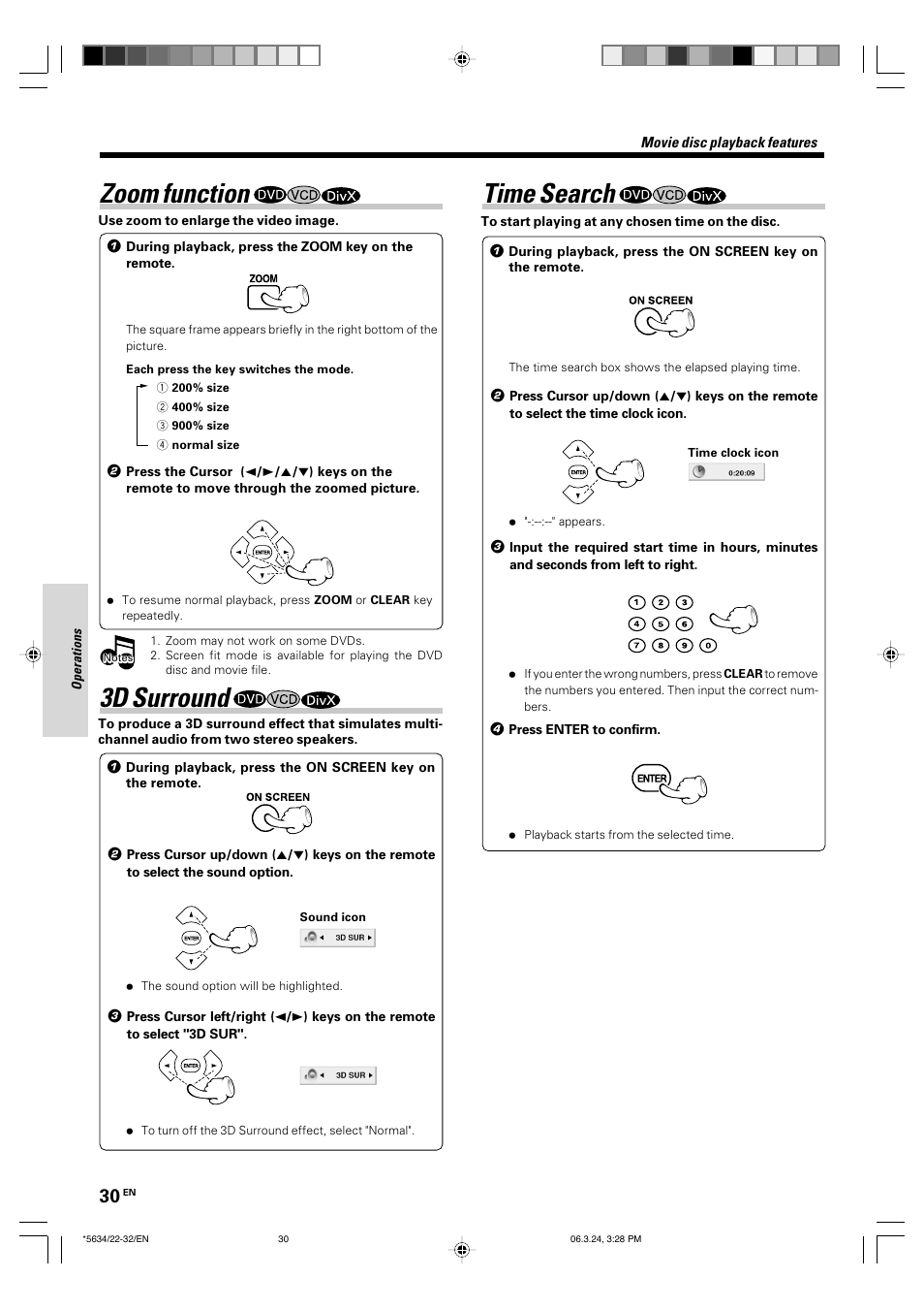 Zoom function, 3d surround, Time search | Kenwood DVF-3300 User Manual | Page 30 / 36