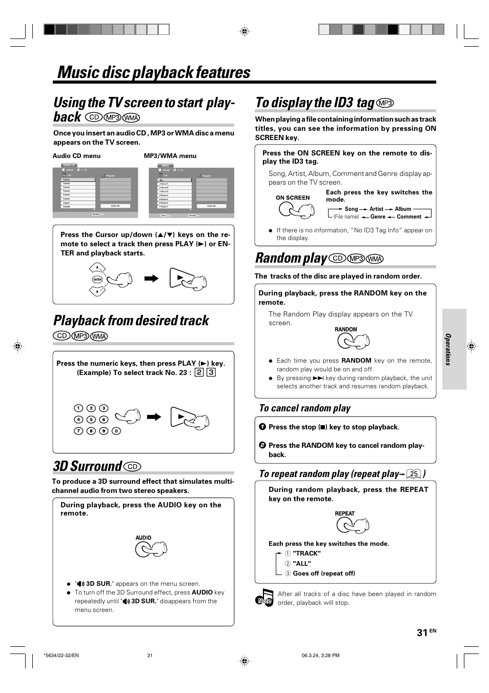 Music disc playback features, 3d surround, Using the tv screen to start play- back | Playback from desired track, Random play | Kenwood DVF-3300 User Manual | Page 31 / 36