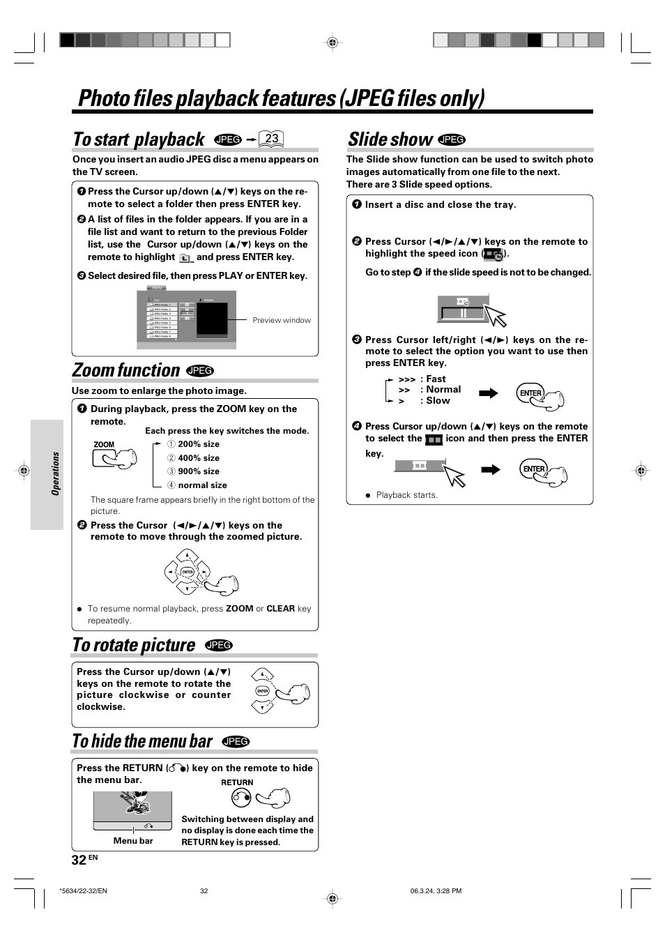 Photo files playback features (jpeg files only), Zoom function, Slide show | Kenwood DVF-3300 User Manual | Page 32 / 36