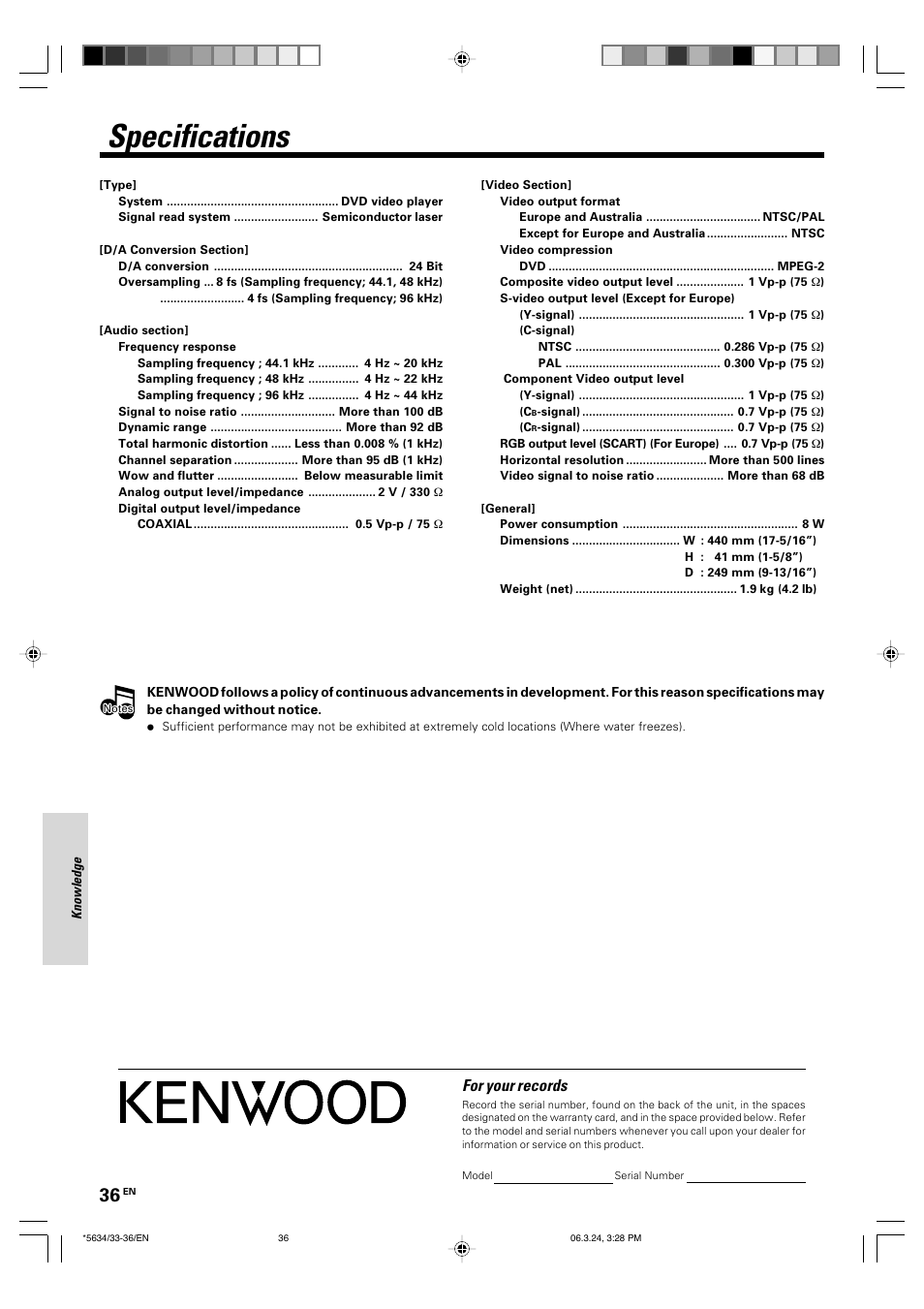 Specifications, For your records | Kenwood DVF-3300 User Manual | Page 36 / 36