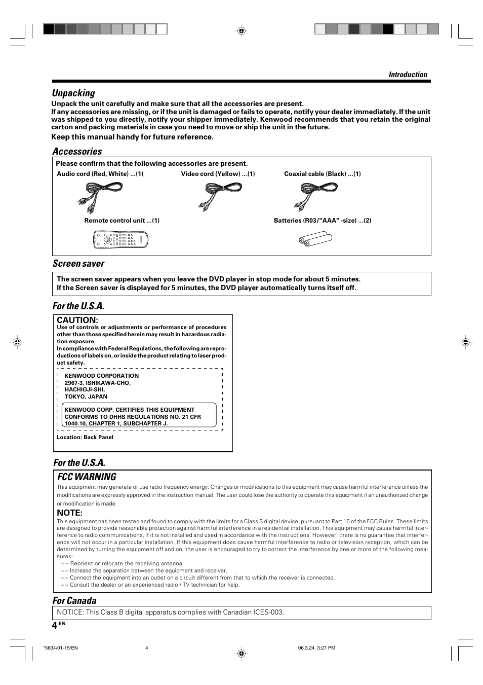 Unpacking, Accessories, Fcc warning | For the u.s.a, For the u.s.a. screen saver, For canada | Kenwood DVF-3300 User Manual | Page 4 / 36