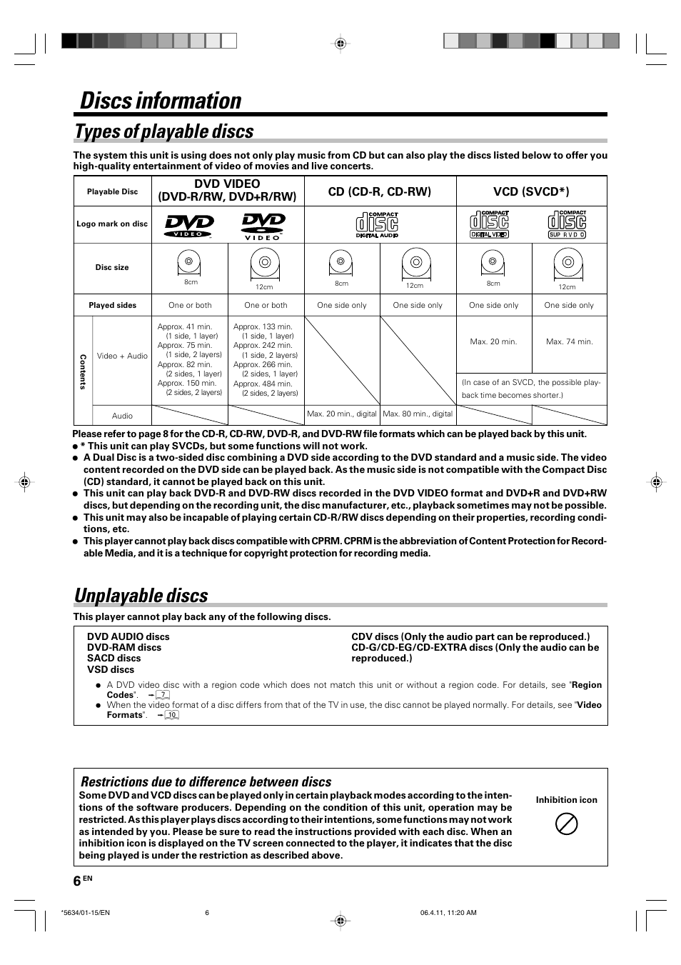 Discs information, Types of playable discs, Unplayable discs | Restrictions due to difference between discs, Dvd video (dvd-r/rw, dvd+r/rw) cd (cd-r, cd-rw), Vcd (svcd*) | Kenwood DVF-3300 User Manual | Page 6 / 36