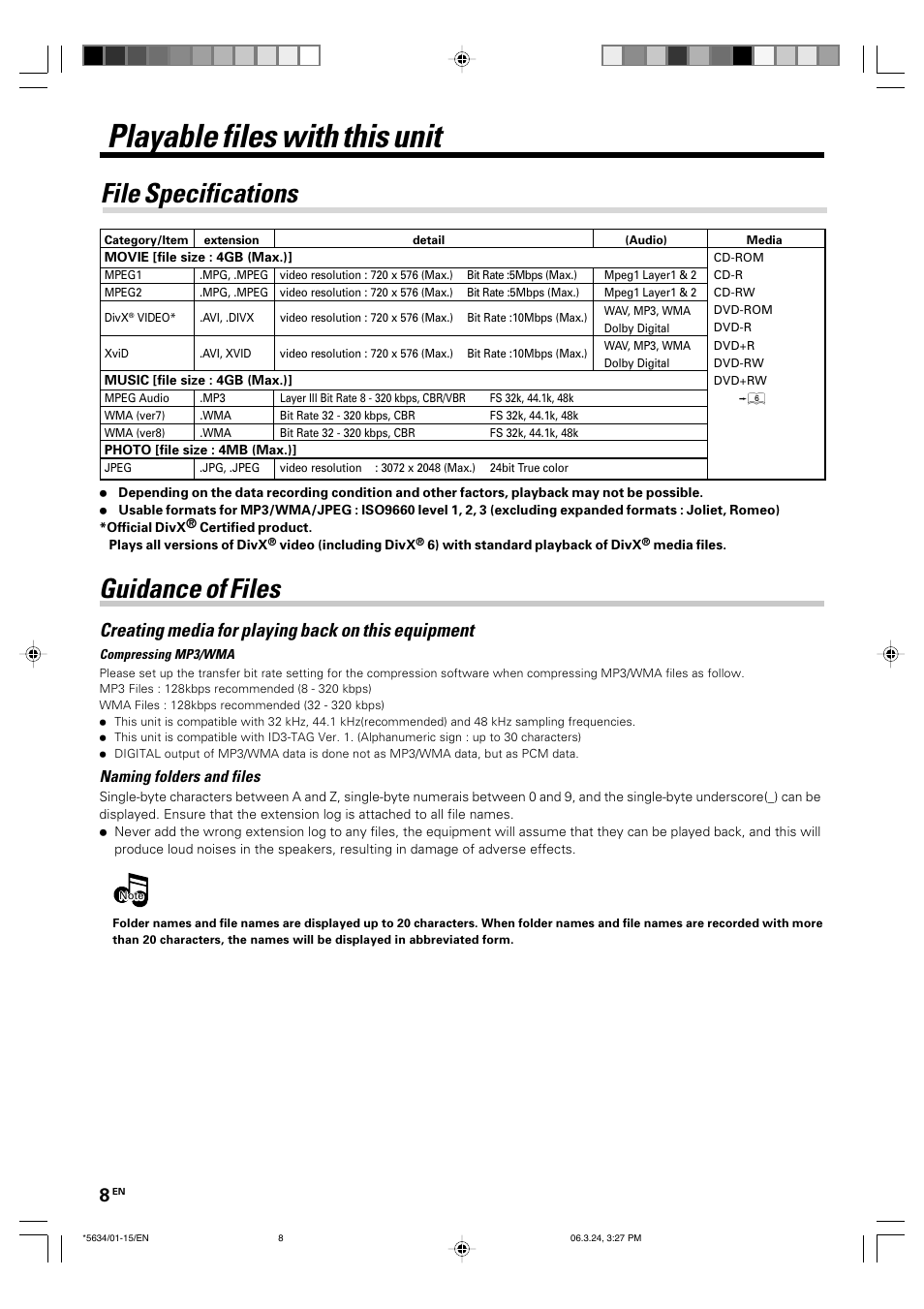 Playable files with this unit, File specifications, Guidance of files | Creating media for playing back on this equipment, Naming folders and files | Kenwood DVF-3300 User Manual | Page 8 / 36