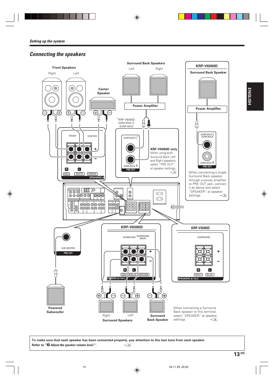 Connecting the speakers, Setting up the system | Kenwood KRF-V5090D User Manual | Page 13 / 36