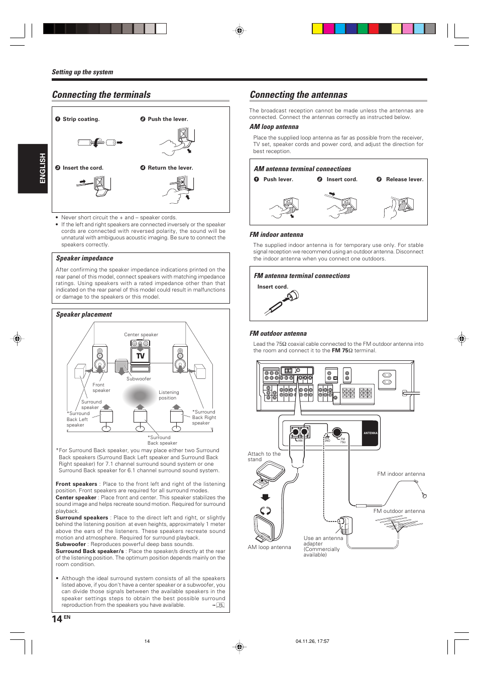 Connecting the antennas, Connecting the terminals | Kenwood KRF-V5090D User Manual | Page 14 / 36