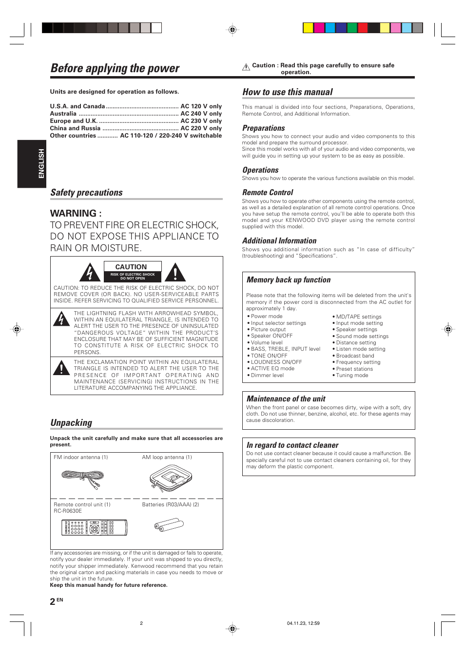 Before applying the power, How to use this manual, Unpacking | Preparations, Operations, Remote control, Additional information, Maintenance of the unit | Kenwood KRF-V5090D User Manual | Page 2 / 36