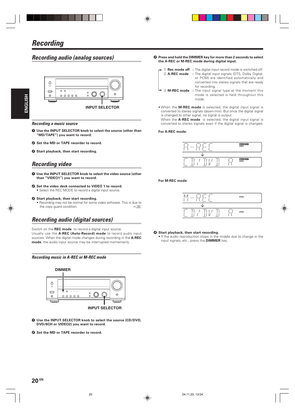 Recording, Recording audio (analog sources), Recording video | Recording audio (digital sources) | Kenwood KRF-V5090D User Manual | Page 20 / 36