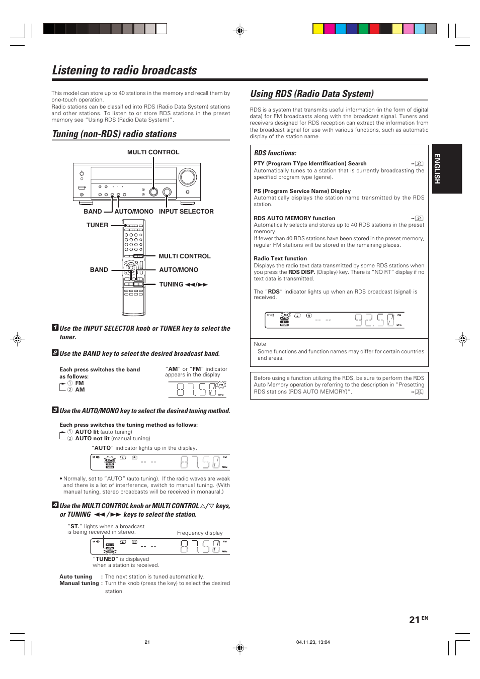 Listening to radio broadcasts, Using rds (radio data system), Tuning (non-rds) radio stations | Kenwood KRF-V5090D User Manual | Page 21 / 36