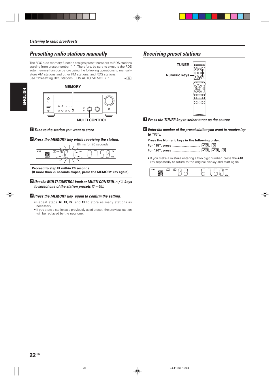 Presetting radio stations manually, Receiving preset stations | Kenwood KRF-V5090D User Manual | Page 22 / 36