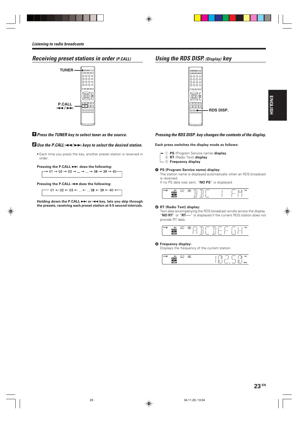 Using the rds disp, Receiving preset stations in order | Kenwood KRF-V5090D User Manual | Page 23 / 36