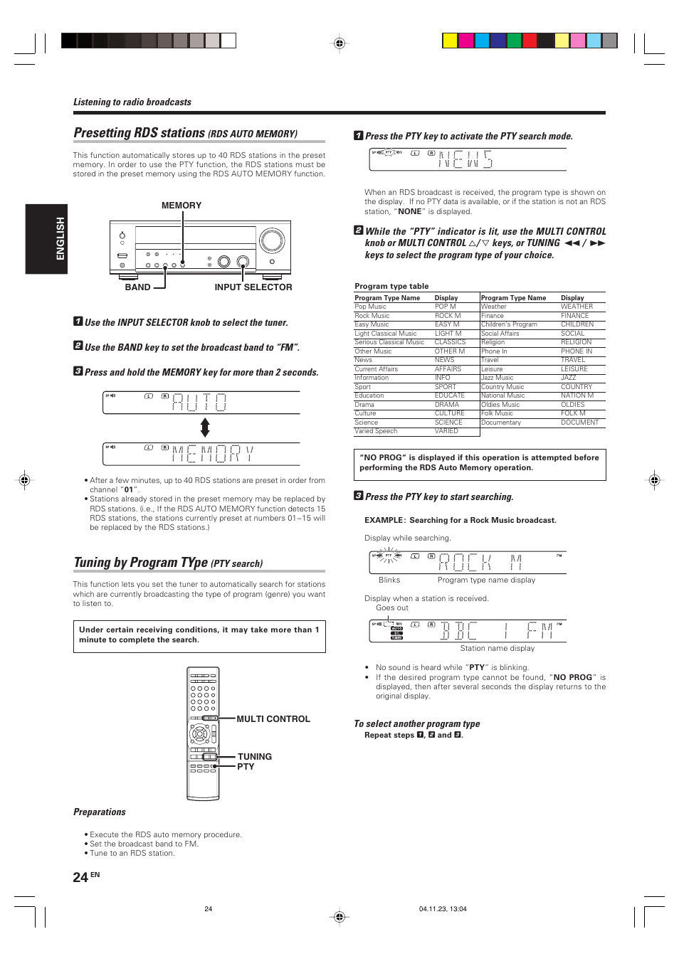 Presetting rds stations, Tuning by program type | Kenwood KRF-V5090D User Manual | Page 24 / 36