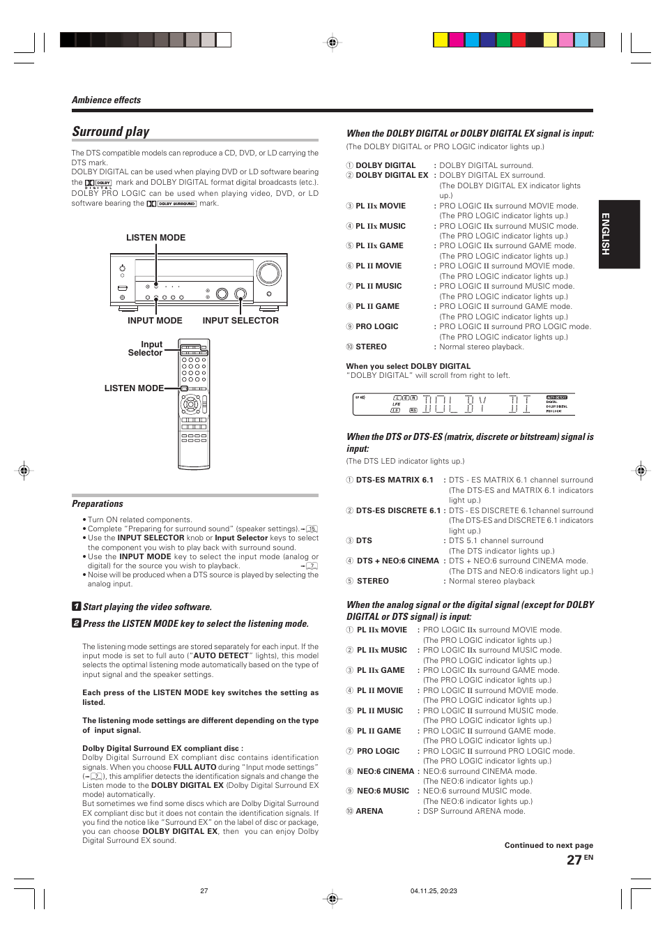 Surround play | Kenwood KRF-V5090D User Manual | Page 27 / 36