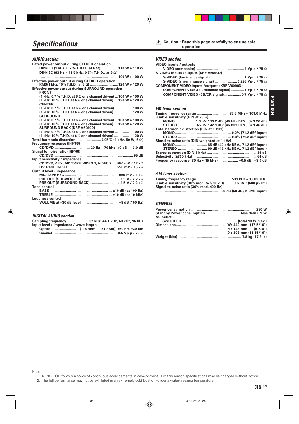 Specifications | Kenwood KRF-V5090D User Manual | Page 35 / 36