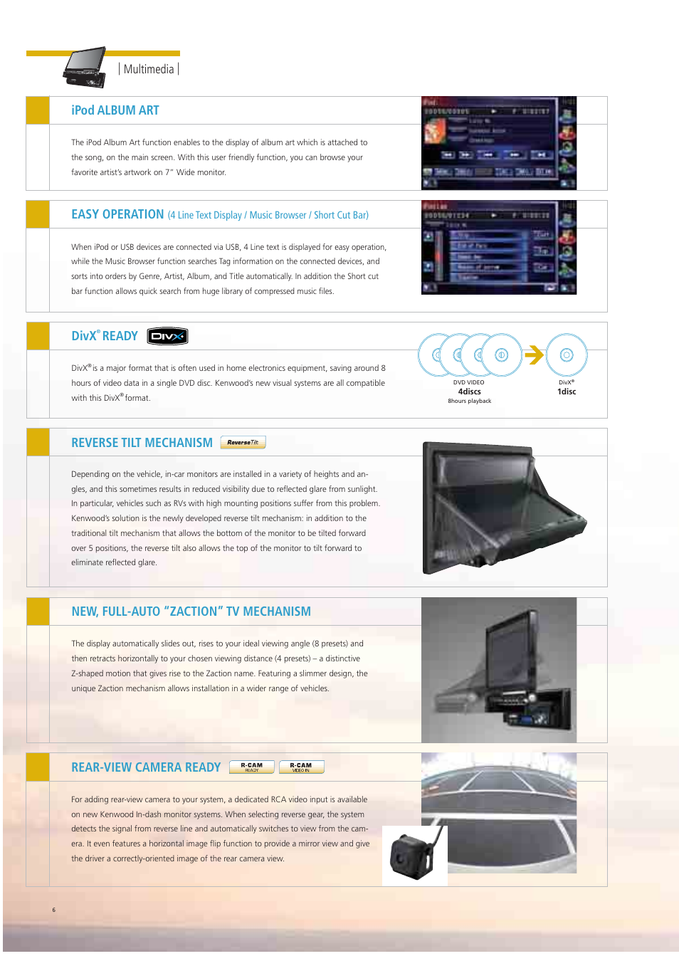 Easy operation, Ipod album art, Divx | Ready rear-view camera ready, Multimedia | Kenwood Car Entertainment System User Manual | Page 6 / 19