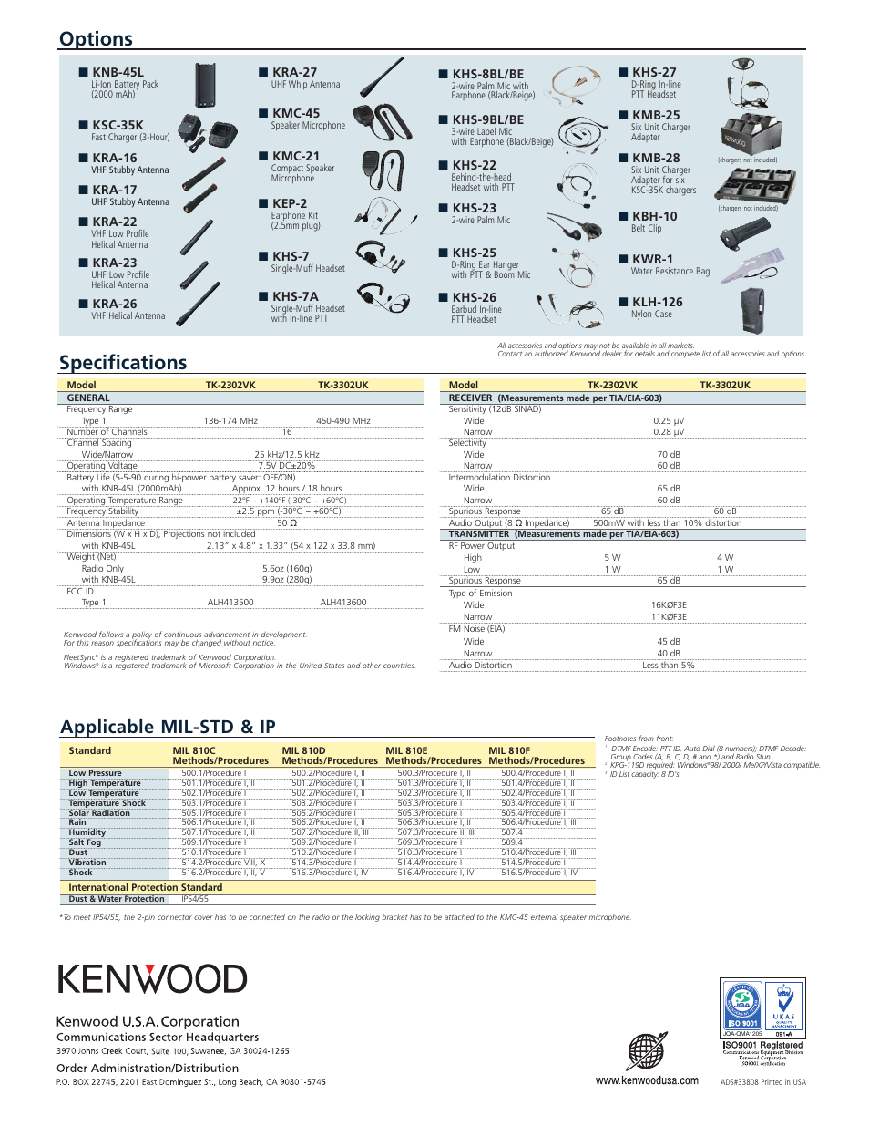 Options specifications, Applicable mil-std & ip, Knb-45l | Ksc-35k, Kra-16, Kra-17, Kra-22, Kra-23, Kra-26, Kra-27 | Kenwood TK-2302VK User Manual | Page 2 / 2