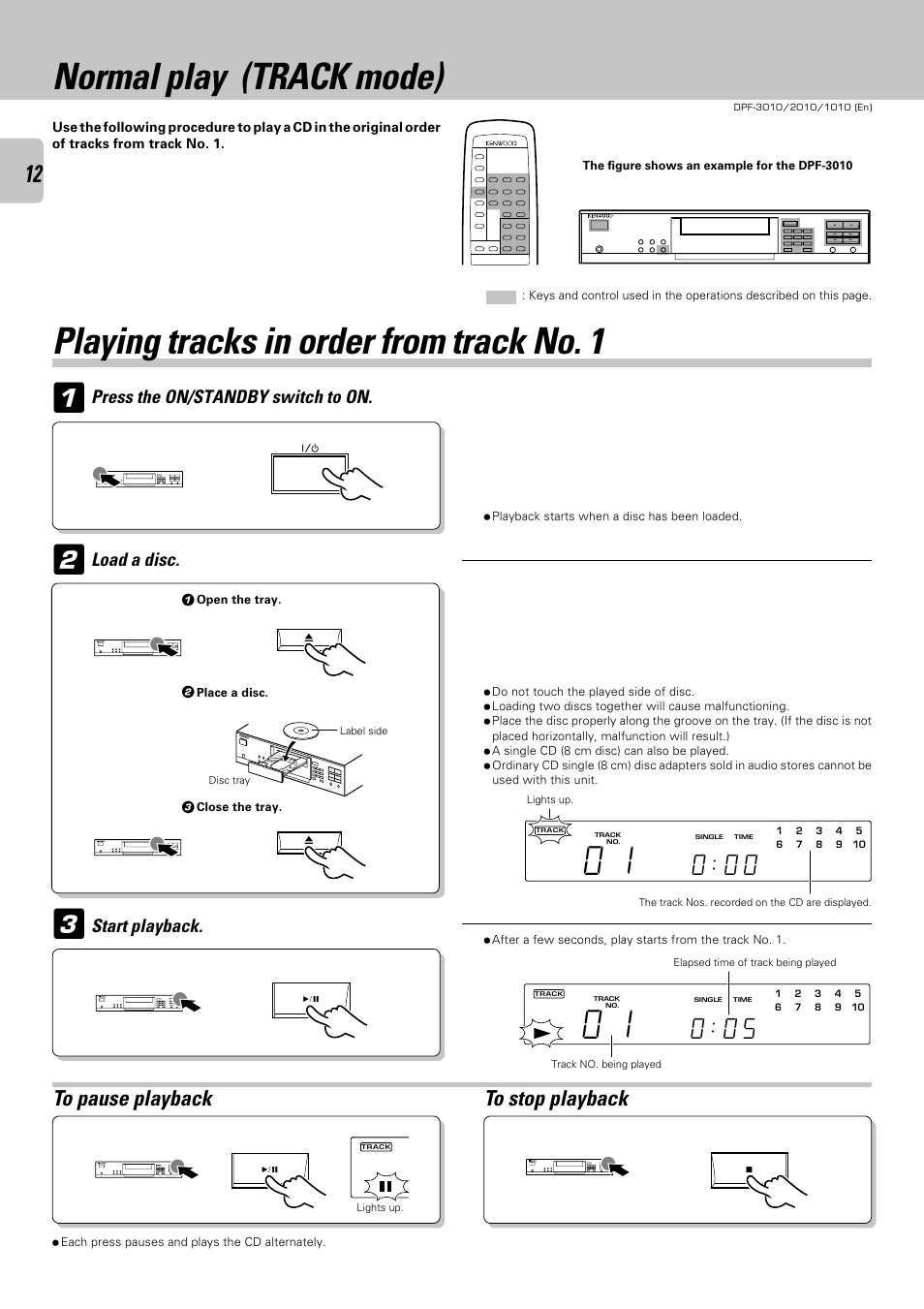 Normal play (track mode), Playing tracks in order from track no. 1, Load a disc | Start playback, Press the on/standby switch to on | Kenwood DPF-2010 User Manual | Page 12 / 24