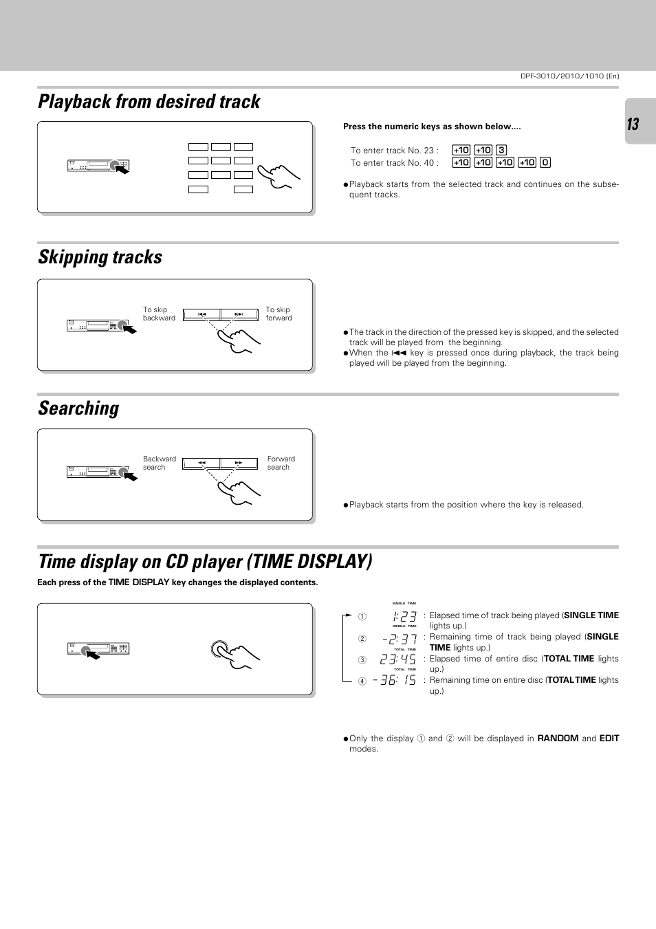 Playback from desired track, Skipping tracks, Searching | Time display on cd player (time display) | Kenwood DPF-2010 User Manual | Page 13 / 24