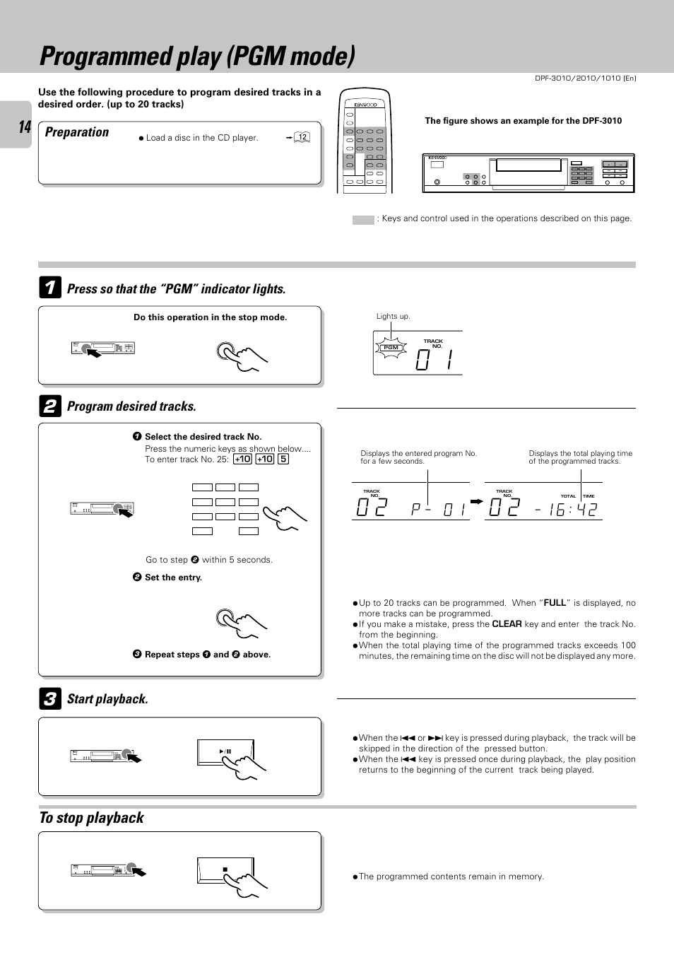 Programmed play (pgm mode), P _ 0 1, Preparation | Start playback | Kenwood DPF-2010 User Manual | Page 14 / 24