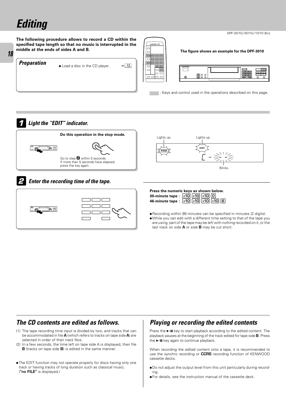 Editing, The cd contents are edited as follows, Playing or recording the edited contents | Preparation, Light the “edit” indicator, Enter the recording time of the tape | Kenwood DPF-2010 User Manual | Page 18 / 24