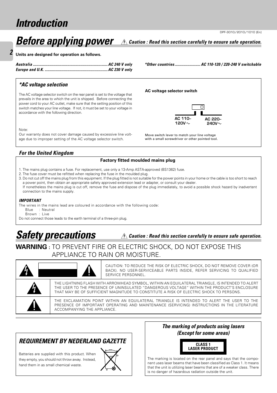 Before applying power, Introduction, Safety precautions | Requirement by nederland gazette, Warning | Kenwood DPF-2010 User Manual | Page 2 / 24