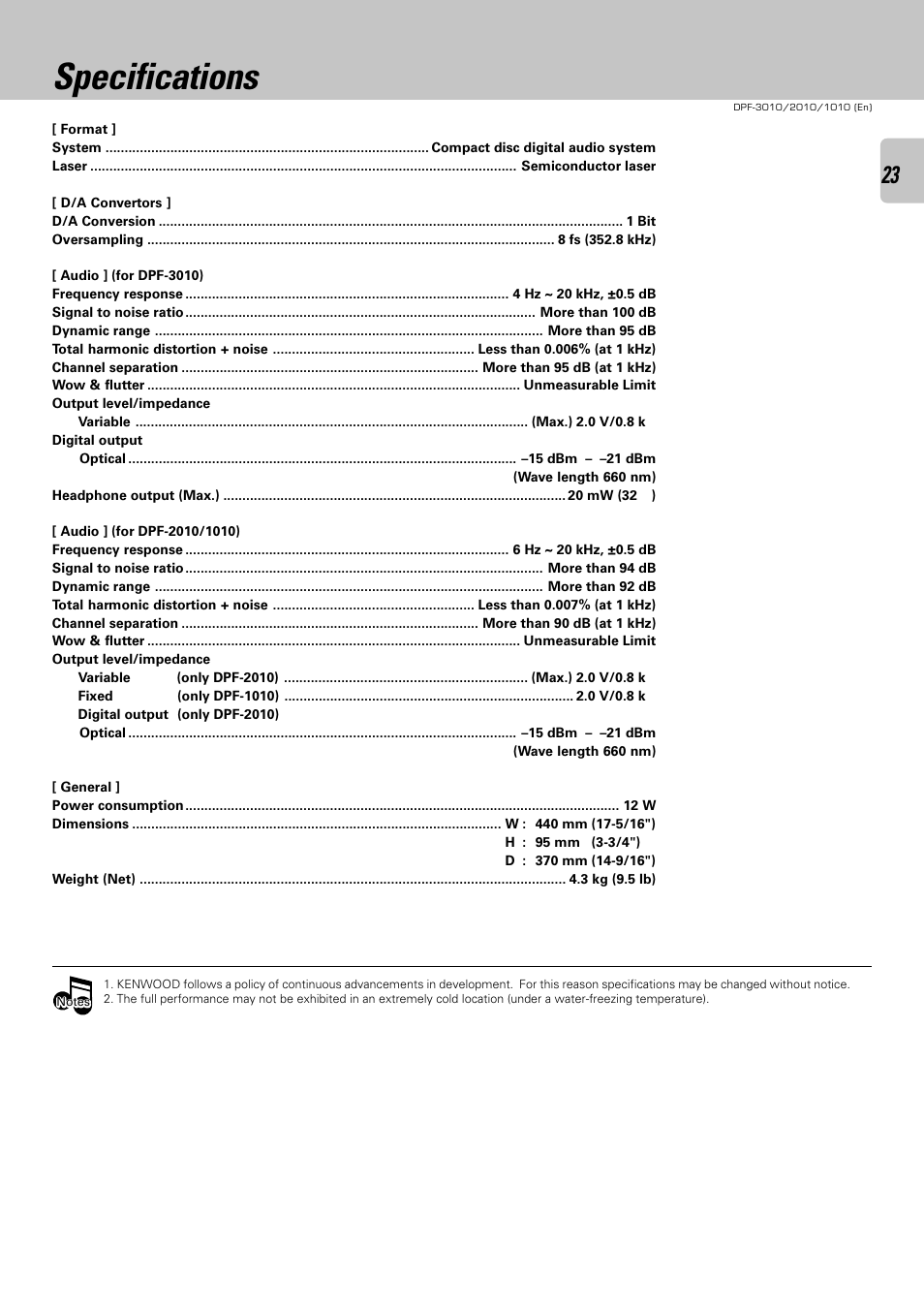 Specifications | Kenwood DPF-2010 User Manual | Page 23 / 24